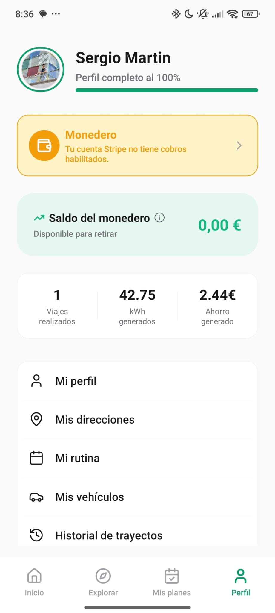 Perfil de la app YouConnext con saldo del monedero, kWh generados y ahorro acumulado