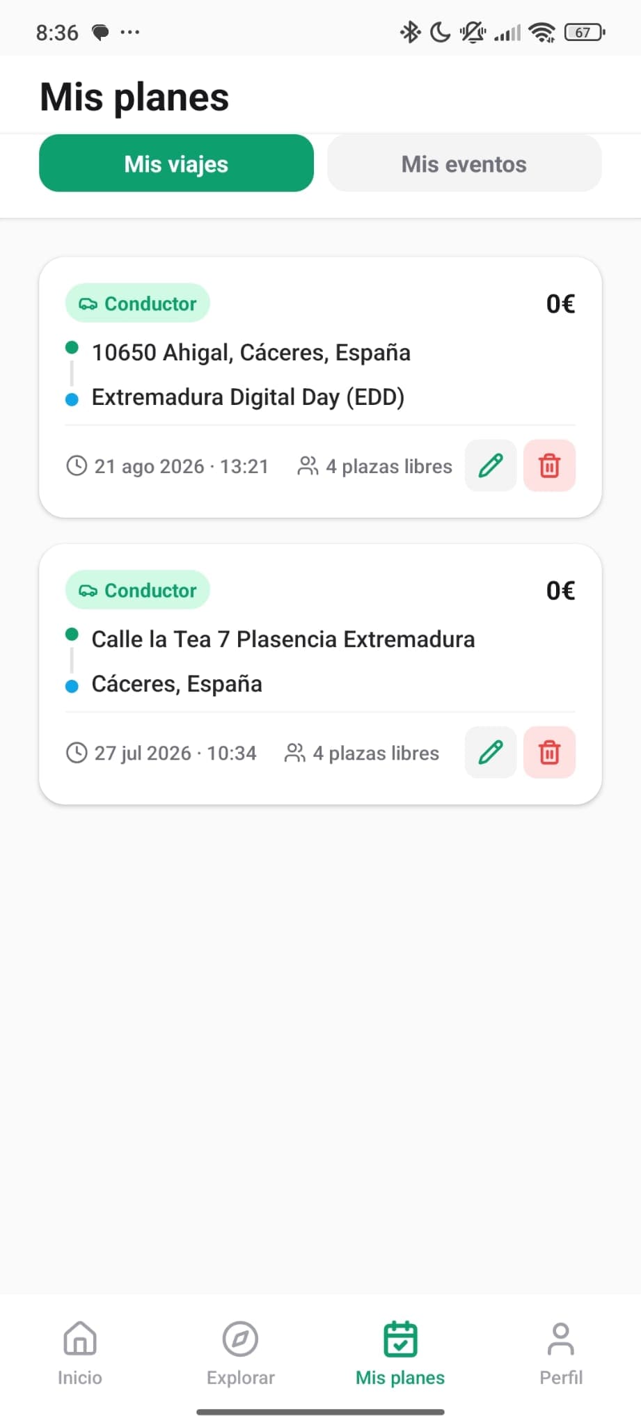 Mis planes en la app YouConnext - vista de conductor